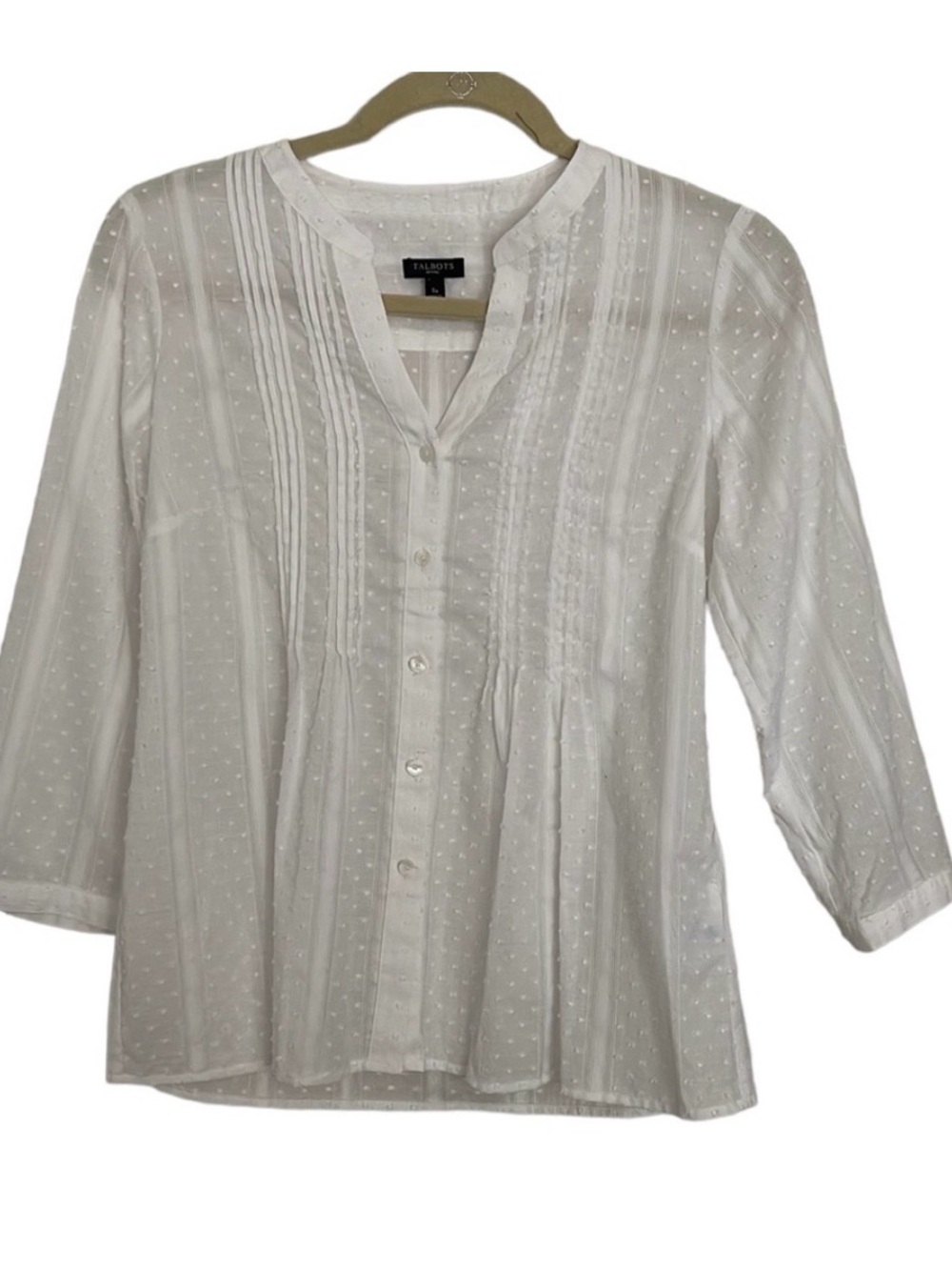Talbots White Swiss Dot Pintuck Blouse Sz L Feminine, semi shear